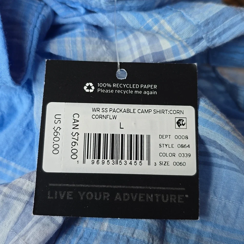 NWT Eddie Bauer Short Sleeve Packable Camp Shirt, Corn Flower Blue, Sz L - Picture 6 of 8